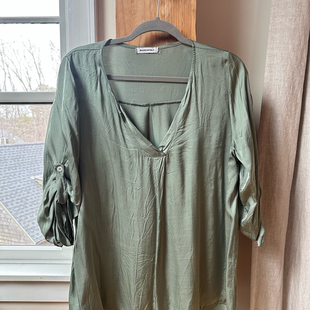 Made in Italy Olive Green V-Neck Roll-Sleeve Silk Women's Top